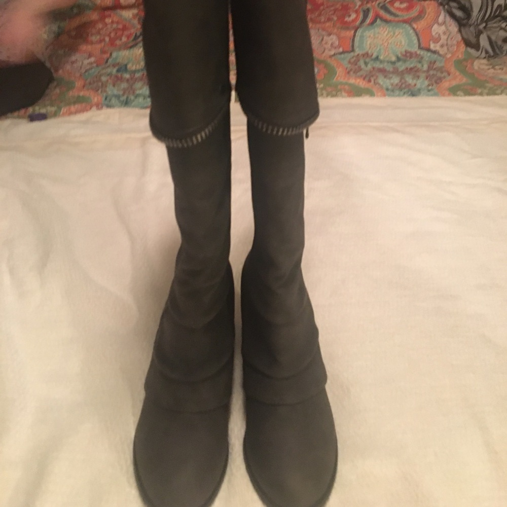 Charcoal gray knee-high 3 inch heel boots